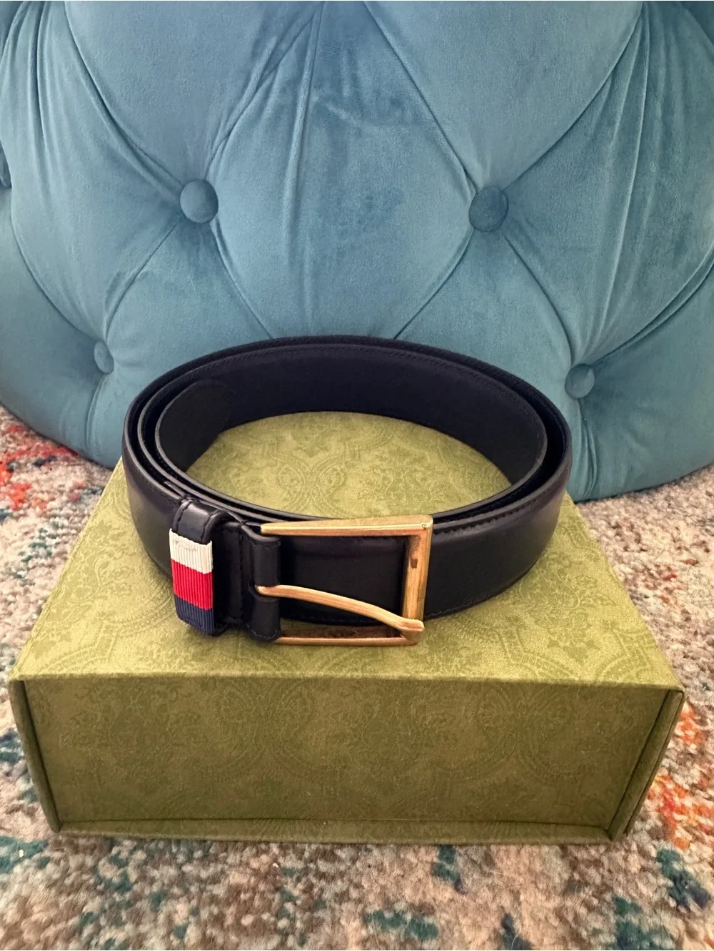 Gucci Sylvie Men's Web Belt Blue Leather 100-40